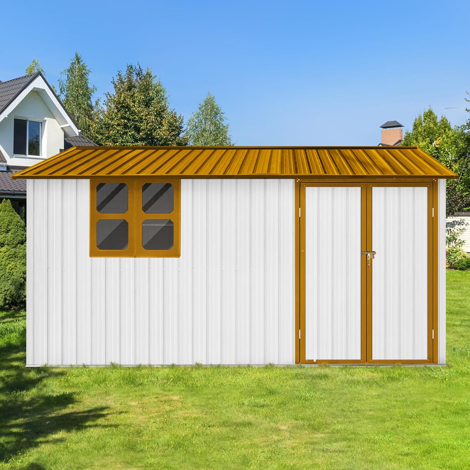 10x12ft Metal Garden Shed,Outdoor Storage Shed, Aluminum Utility Storage Shed with Window with Door and Lock,Metal Outdoor Storage Shed for Garden,Lawn,Yellow+White