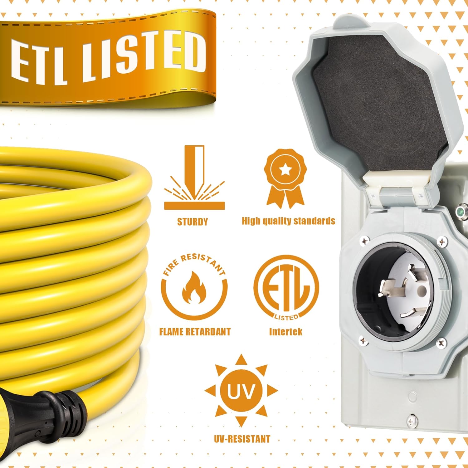 50 Amp 15FT Generator Cord and Inlet Box Kit, NEMA 14-50P to SS2-50R, 125/250V, Heavy Duty Extension Cord, Pre-Drilled Inlet Box, Waterproof Twist Lock Connector, ETL Listed for RV Camper