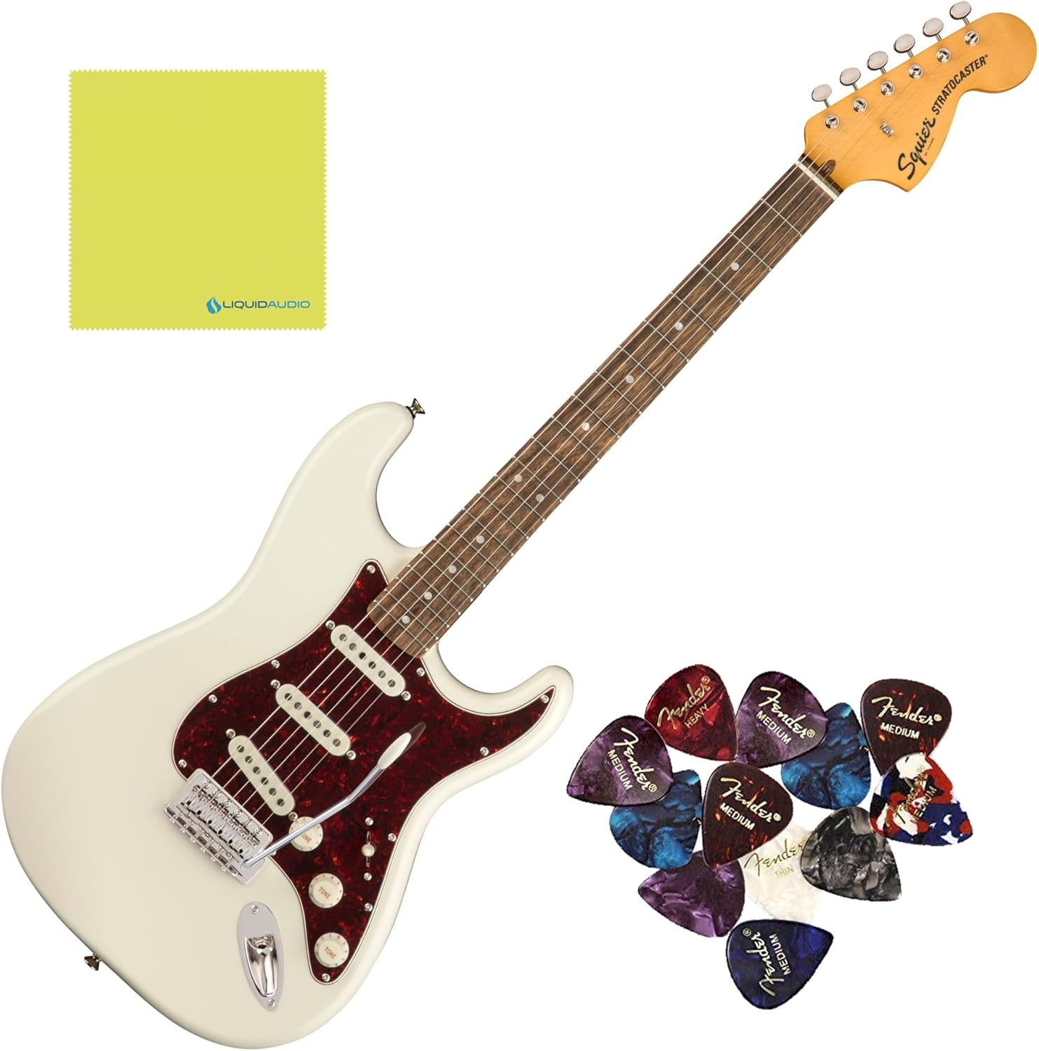 Squier Classic Vibe '70s Stratocaster, Indian Laurel Fingerboard, Olympic White - 0374020501 Bundle w/ 12-Pack Guitar Pick and Liquid Audio Polishing Cloth
