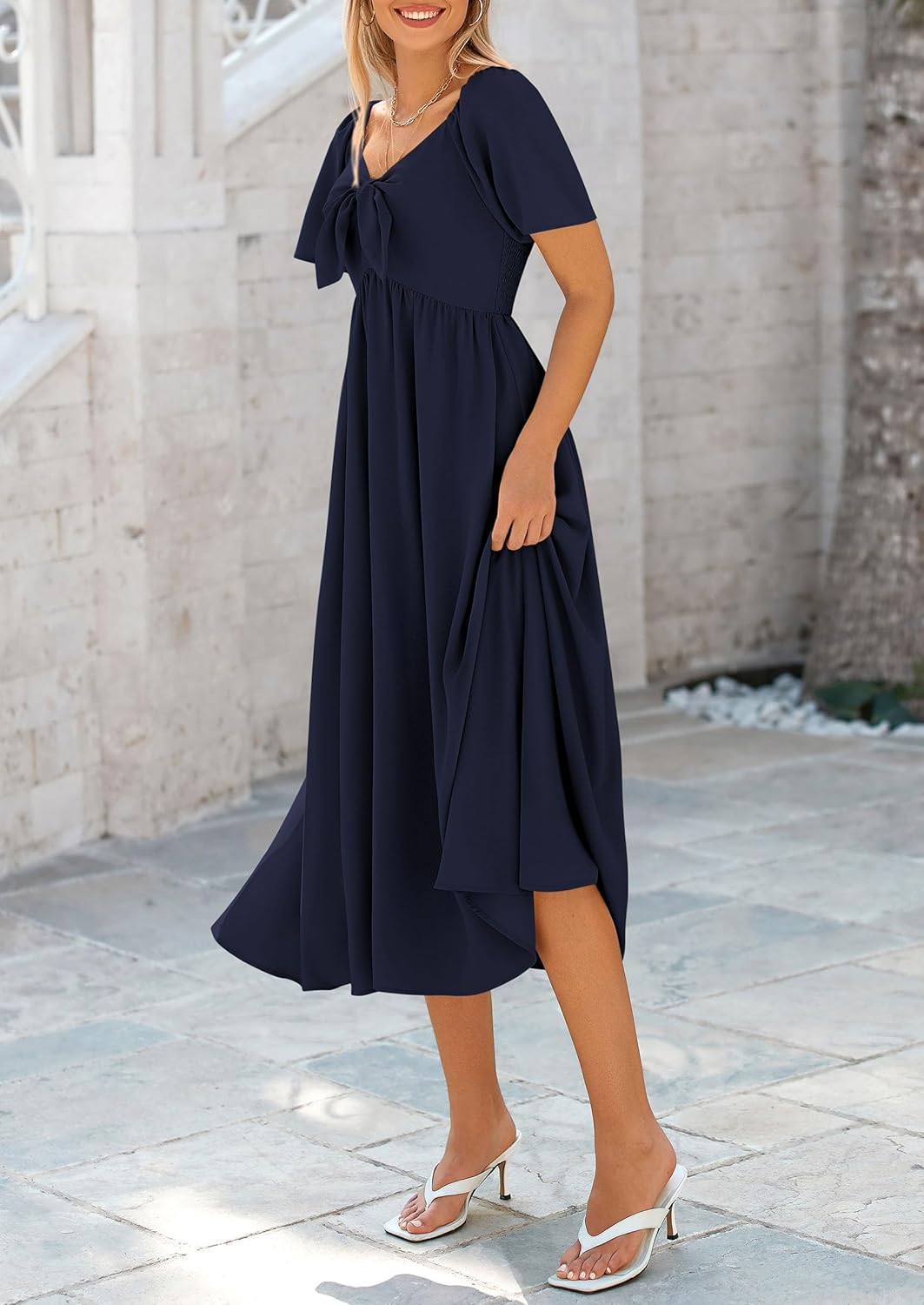 PRETTYGARDEN Summer Dress for Women 2026 Casual Short Sleeve Bow Tie V Neck Ruffle Midi Flowy Dresses