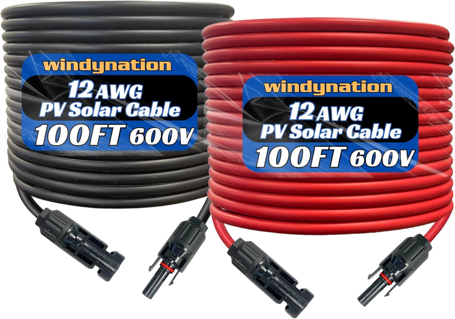 WindyNation 12 Gauge 12 AWG Pair 100 Feet Black + 100 Feet Red PV Photovoltaic Solar Panel Extension Cable Wire Solar Connectors