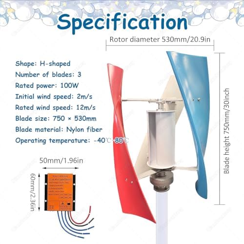 Complete Vertical Wind Turbine Kit 100W with MPPT Controller, 3-Blade Magnetic Generator, 360° Wind Direction Adaptation for Home, Garden, Farm, Boat & Outdoor Lighting