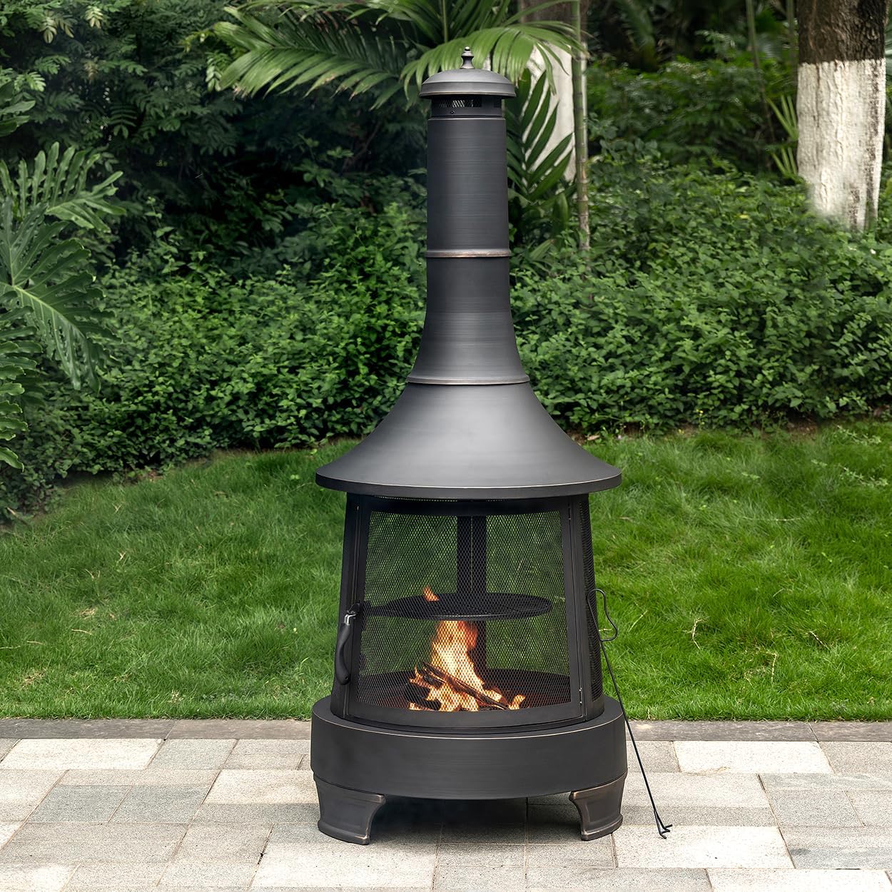 Deko Chimney Wood Burner Firepit with PVC Cover - Outdoor BBQ Fire Pit with Adjustable Cast Iron Grill - Smokeless Patio Fire Pit - Fire Space Heater - Portable Firepit for Camping Bonfire & Barbecue