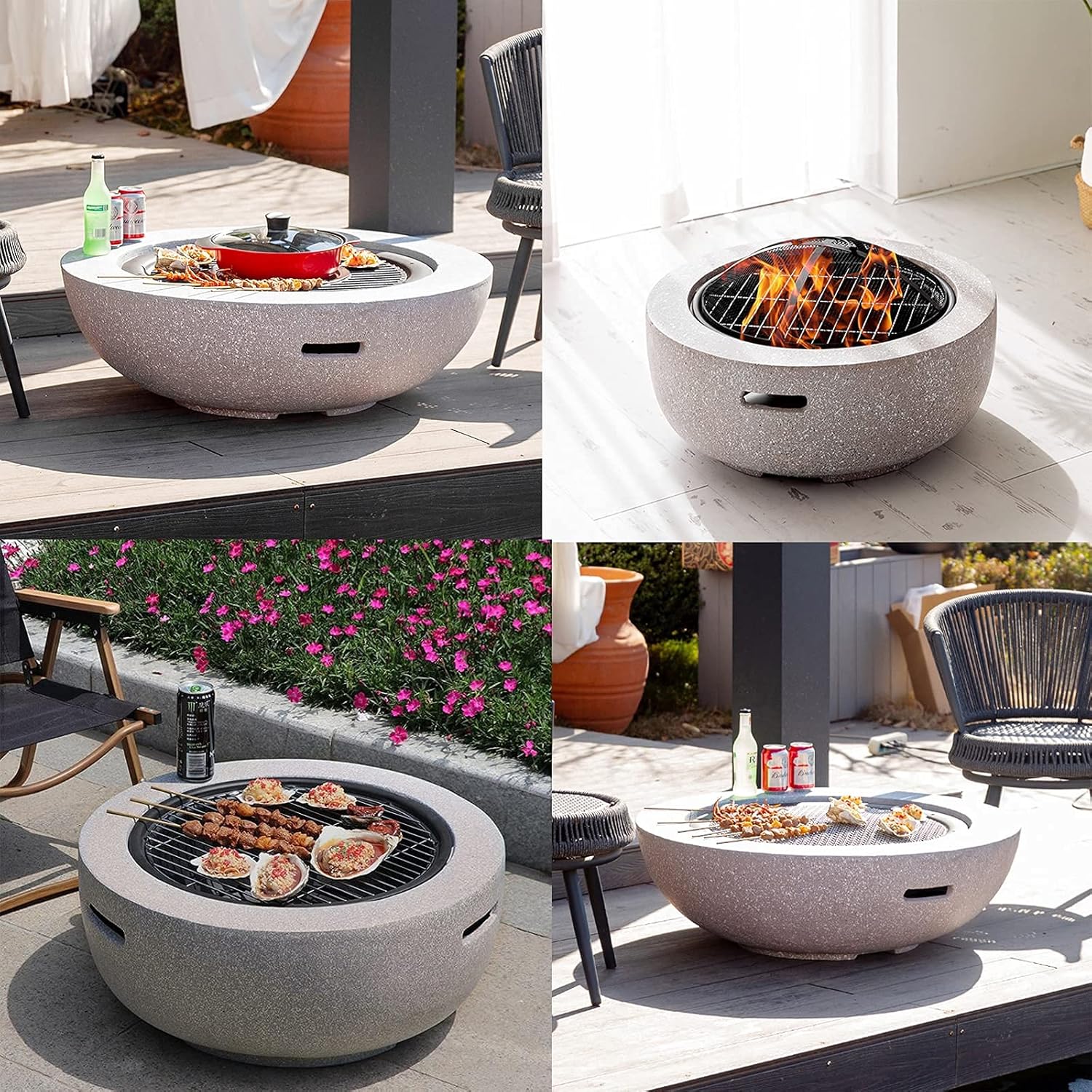 3 in 1Outdoor Party BBQ Fire Pit Table & Grill, Round Wood Burning Fire Pit, Outdoor Garden Heaters with Grill Grate, for Camping/Heating/Bonfire and Picnic