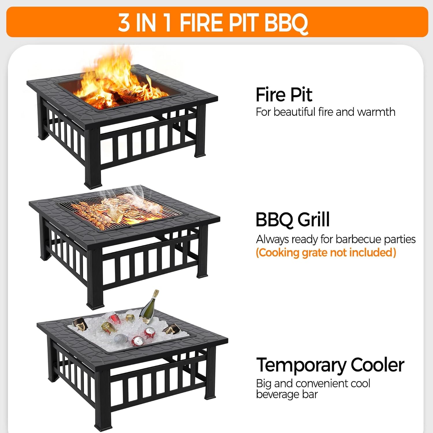 Yaheetech Multifunctional Fire Pit Table 32in Square Metal Firepit Stove Backyard Patio Garden Fireplace for Camping, Outdoor Heating, Bonfire and Picnic