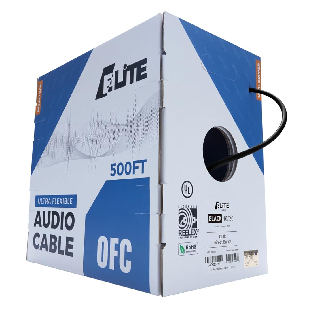 Elite 16/2 Speaker, 16AWG/2-Conductor, UL Listed, CMR/CL3R, (Riser/in-Wall & Outdoor/In-Ground (Direct Burial)- 100% Oxygen Free Pure Bare Copper (OFC), 500ft Bulk Cable (65 Strands) Black