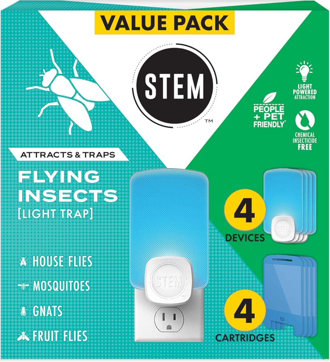 STEM Light Trap: Indoor Fruit Fly Trap, Effective Insect Control for Home, Attracts and Traps Flying Insects, Emits Soft Blue Light, Starter Kit with 4 Plug-in Devices and 4 Cartridges