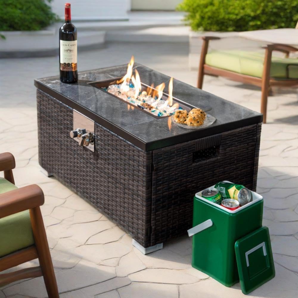 32 Inch Propane Fire Pit Table with Ceramic Tile Top and Wicker Base, 50000 BTU Outdoor Heater for Patio Garden Deck