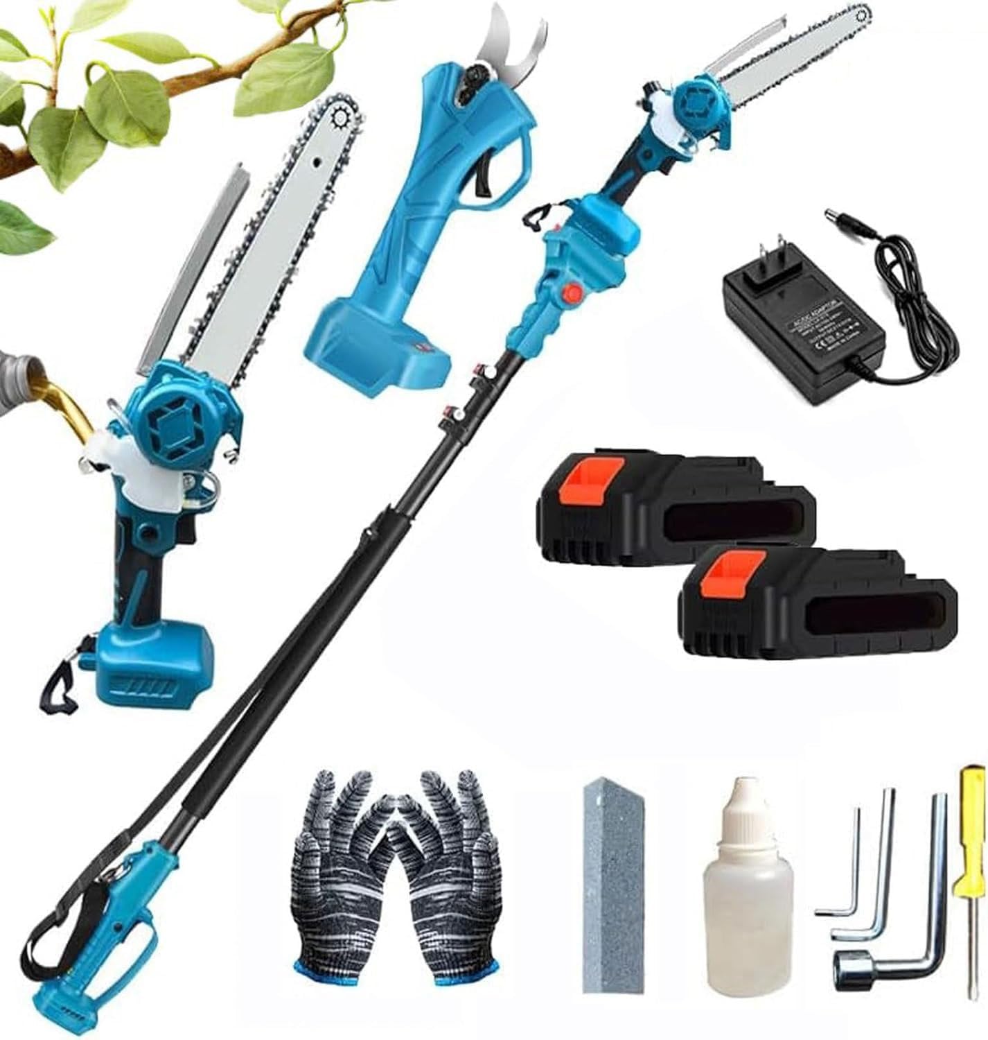 4-IN-1Cordless Pole Saw & Electric Pruning Shears for Tree Trimming,8 Inch Brushless Chain Saw, 2 Pack 13000mAh Battery Powered Pole Saws, with 125-220 cm Extension Pole for Trees