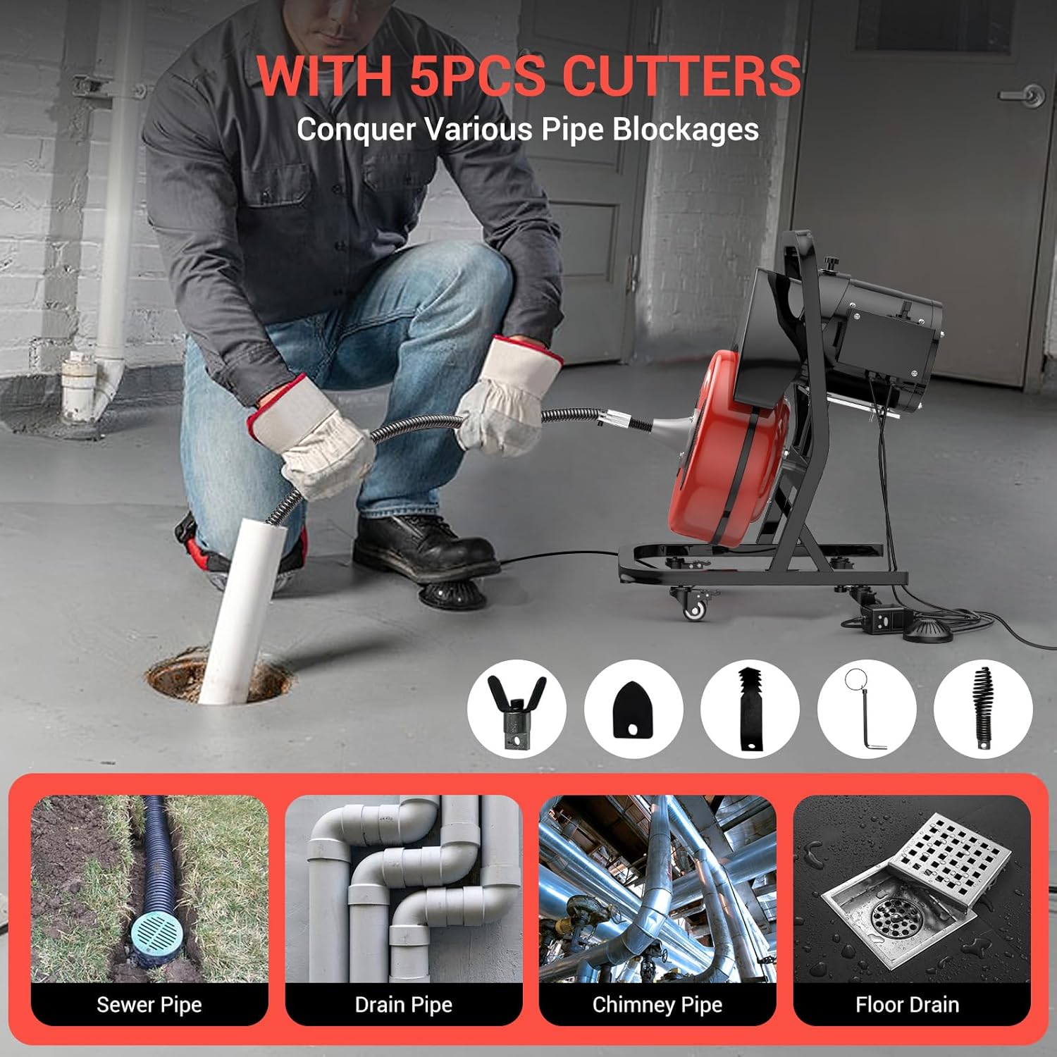 50Ft Heavy-Duty Drain Cleaner Machine, 1/2