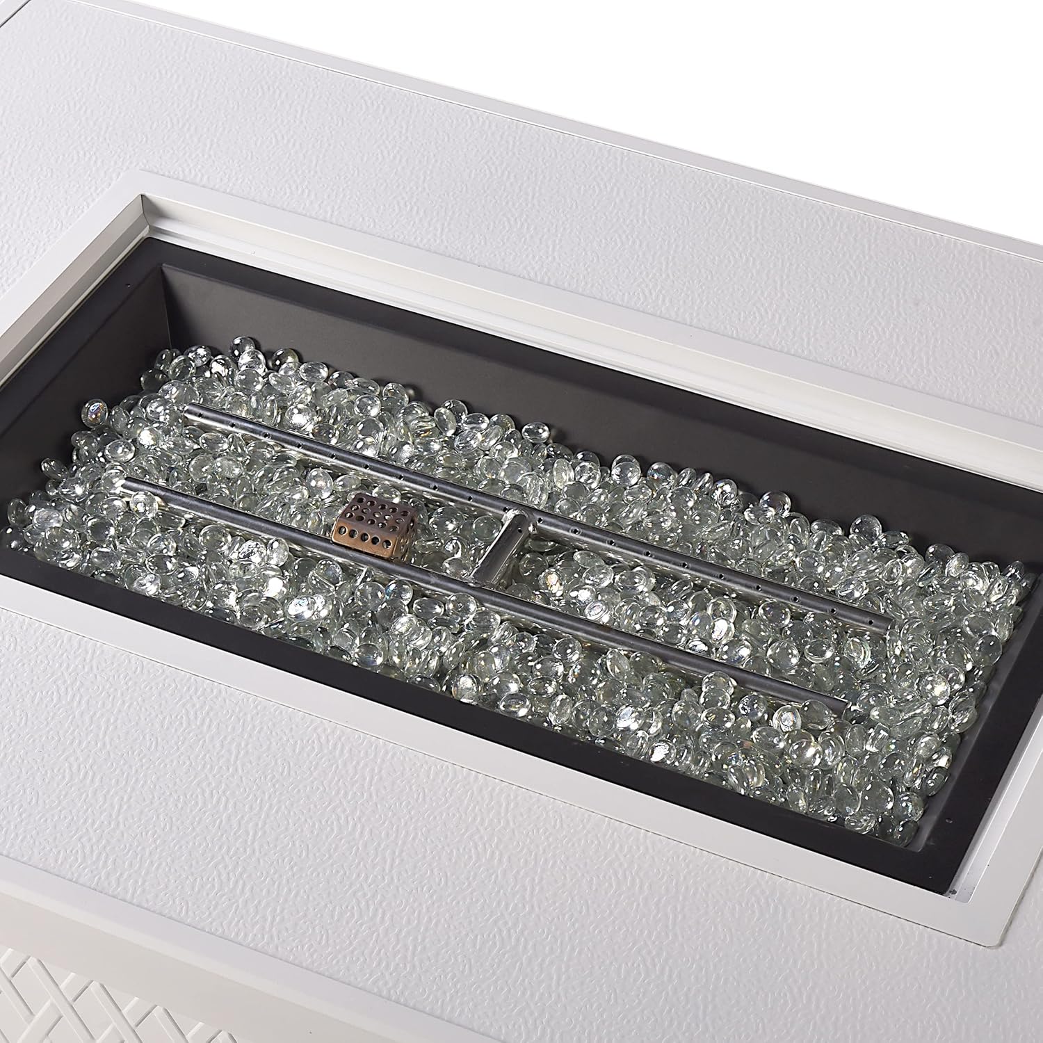 Rectangular 48 in. x 36 in. Aluminum Propane Fire Pit Table, Glass Beads, Two Covers, Lid, 57,000 BTUs in White Finish