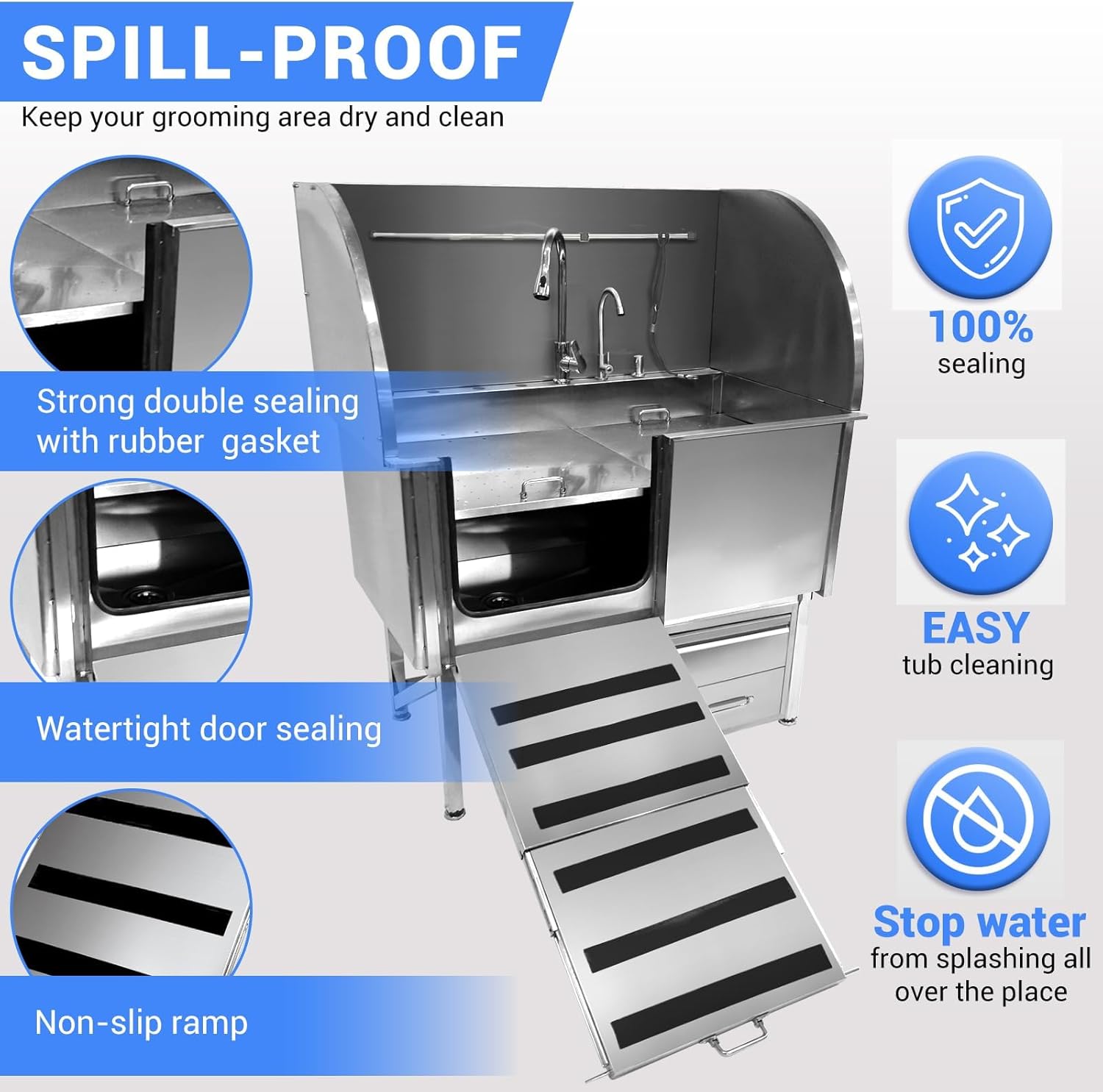 PioneerWorks 50” Dog Grooming Tub, Stainless Steel Dog Washing Station with Foldable Ramp, Large Drawers, Rich Accessory, Professional Grooming Tub for Large, Medium, Small Pets, Left Door