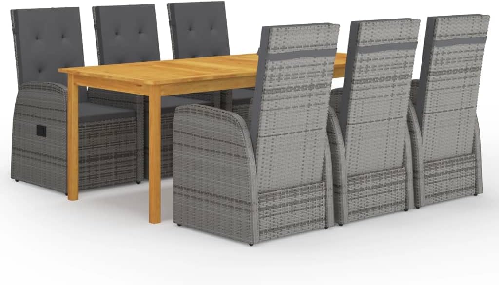 7 Piece Patio Dining Set Gray,Luxurious Acacia Wood Patio Table and Reclining Rattan Chairs for Ultimate Outdoor Dining Furniture Sets for Patio, Lawn & Garden