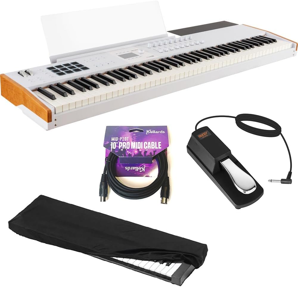 Arturia KeyLab 88 mk3 88-Key Hammer-Action Universal MIDI Controller (White) Bundle with MID-P10T Pro MIDI to MIDI Cable 10', Universal Piano-Style Sustain Pedal and Stretchy Keyboard Dust Cover