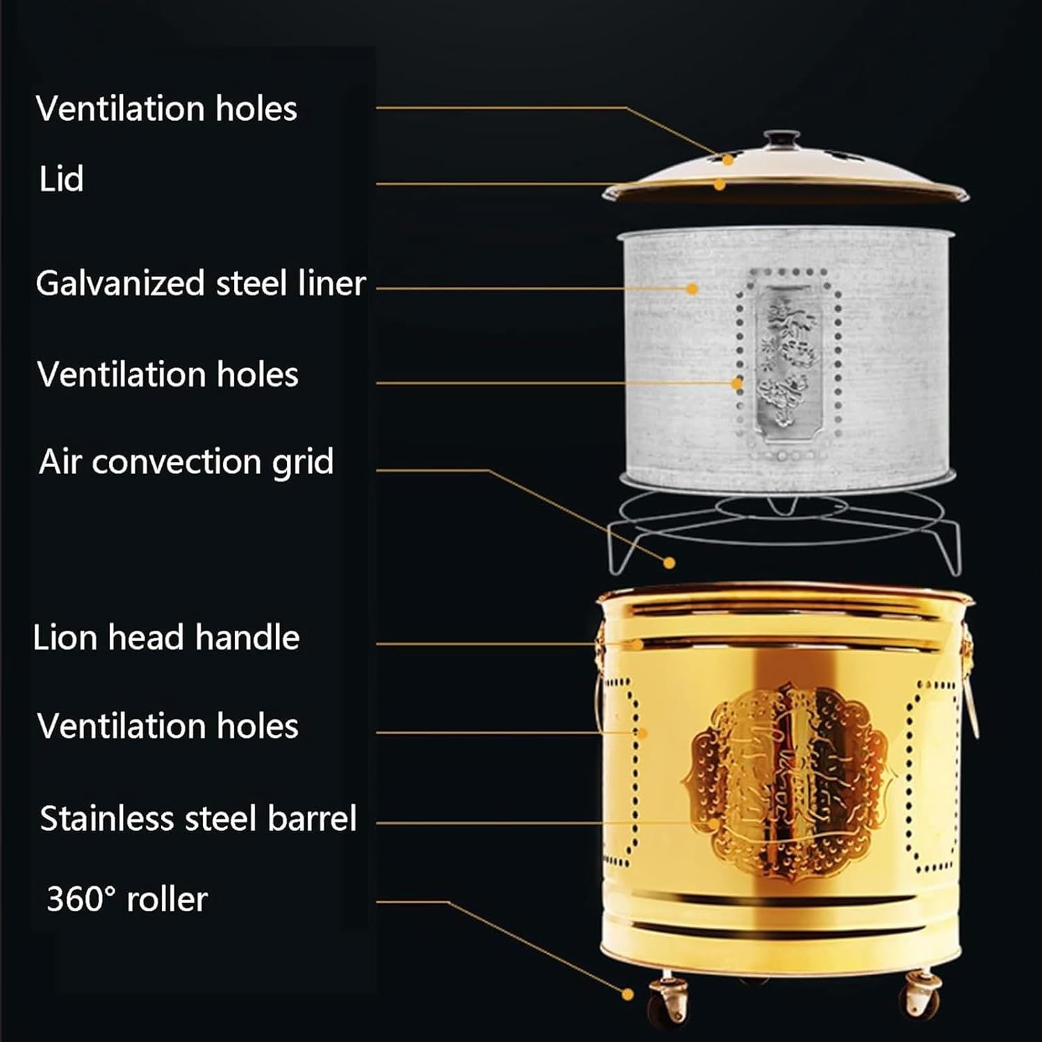 Stainless Steel Incinerator Household with Wheels Stainless Steel Outdoor Burning Barrel Easy to Move Outdoor Fire Pit for Cleanup of Backyard Burning Leaves(Silver,31.5 * 26 cm)