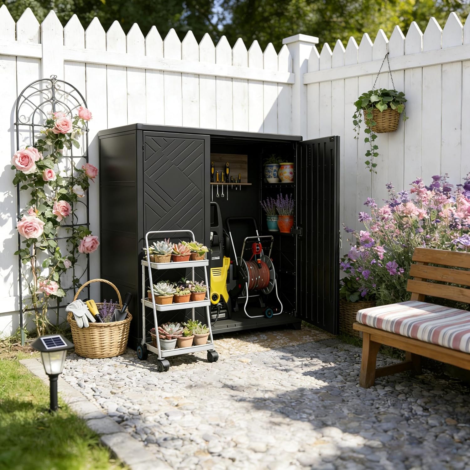 Outdoor Storage Cabinet with Lockable Doors, Portable Horizontal HDPE Plastic Storage Shed with 1 Shelf, Outdoor Waterproof Storage Cabinet for Pool Storage, Garden Shed, Black