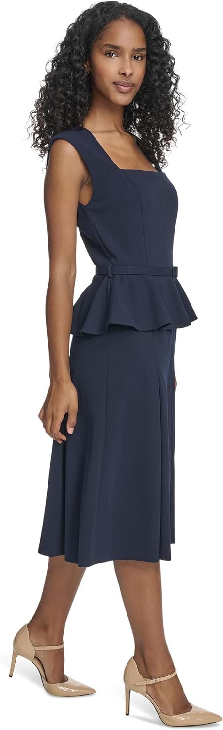 Calvin Klein Womens Sleeveless Square Neck Peplum Crepe Midi Dress