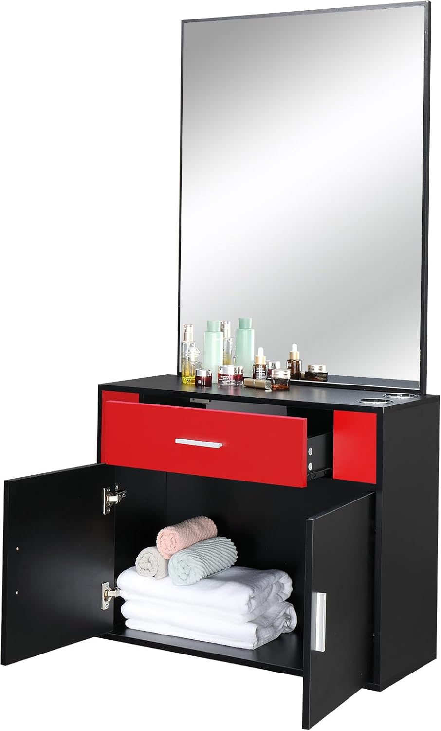 Professional Wall Mounted Hair Styling Station with Mirror, Salon Shelf Cabinet for Tools, Products and Accessories