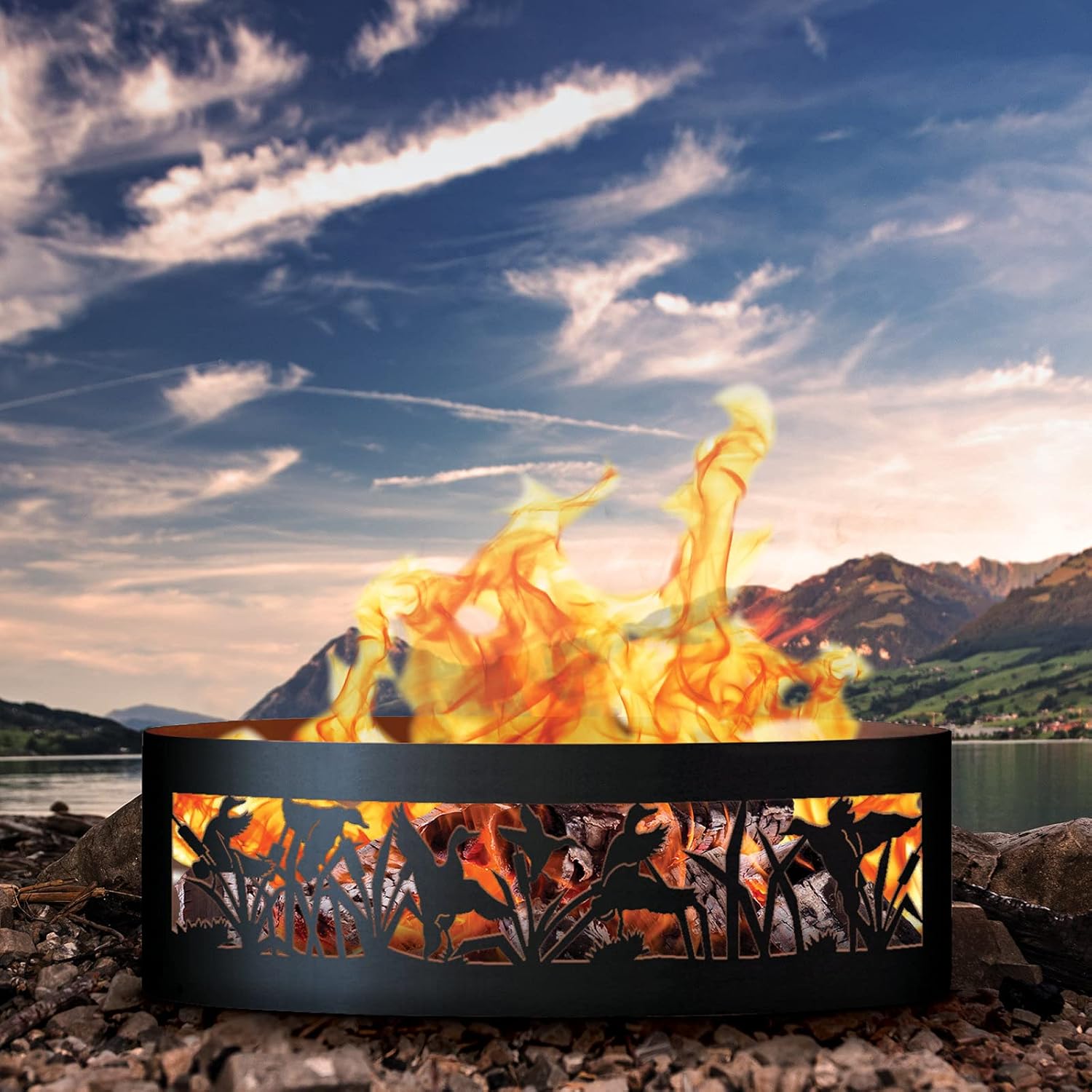 PD Metals FD0937-FP Flying Duck Unpainted 12 in. Tall 37 in. Diameter Outdoor Fire Ring with Fire Poker - 37 x 37 x 12 in. - Rustic Black Color