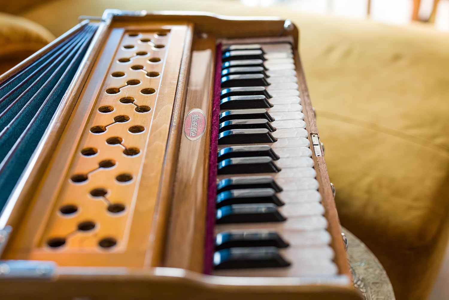 Harmonium by Maharaja Musicals, USA, 9 Stops, Model 2025, 3 1/2 Octave, Double Reed, Coupler, Natural Color, Standard, Padded Bag, A440 Tuned, Musical Instrument Indian-ABG