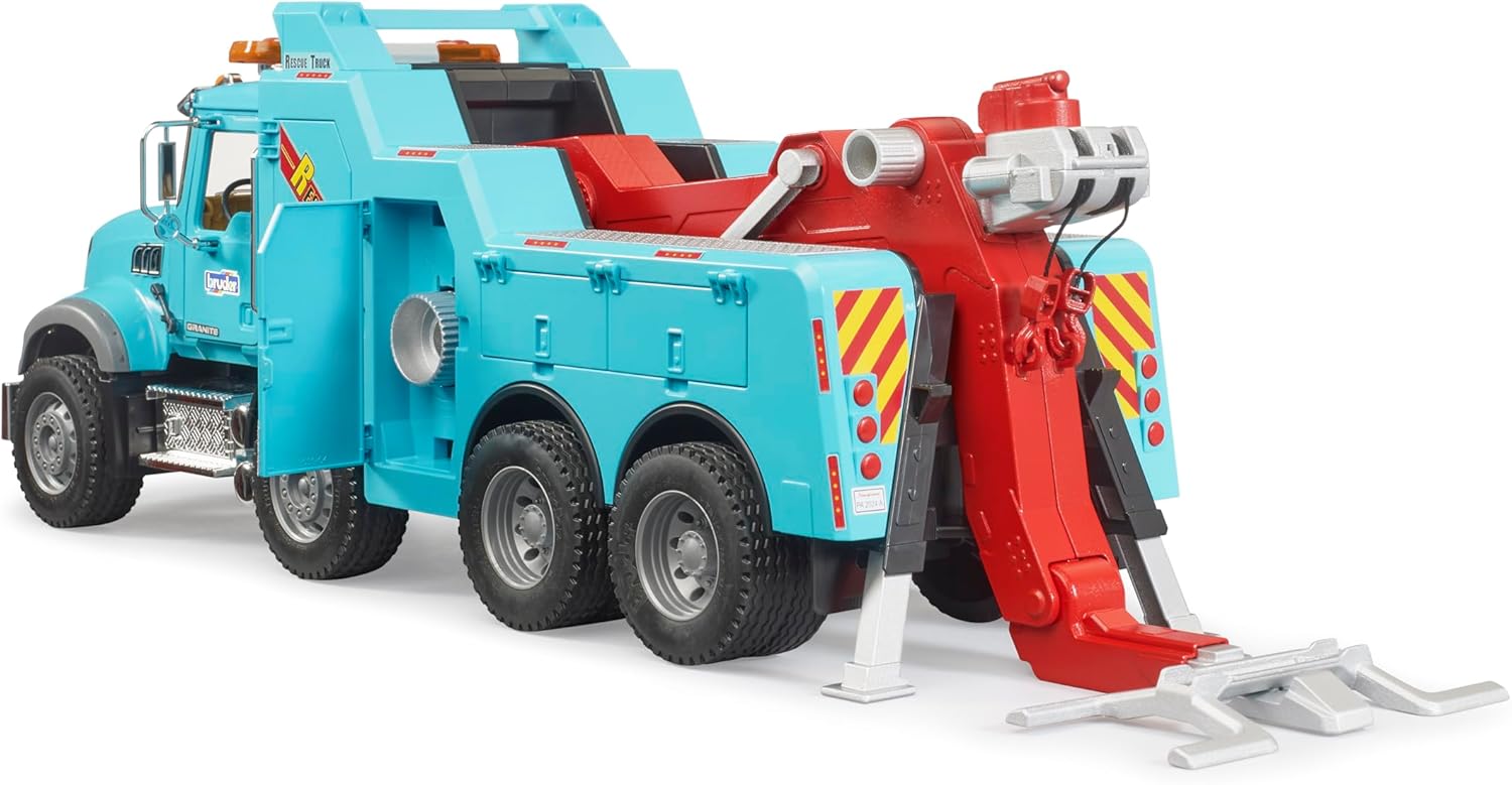 Bruder 02831 Mack Granite Heavy Rescue Wrecker Tow Truck with Light & Sound Module | Realistic Recovery Vehicle Toy for Indoor & Outdoor Play