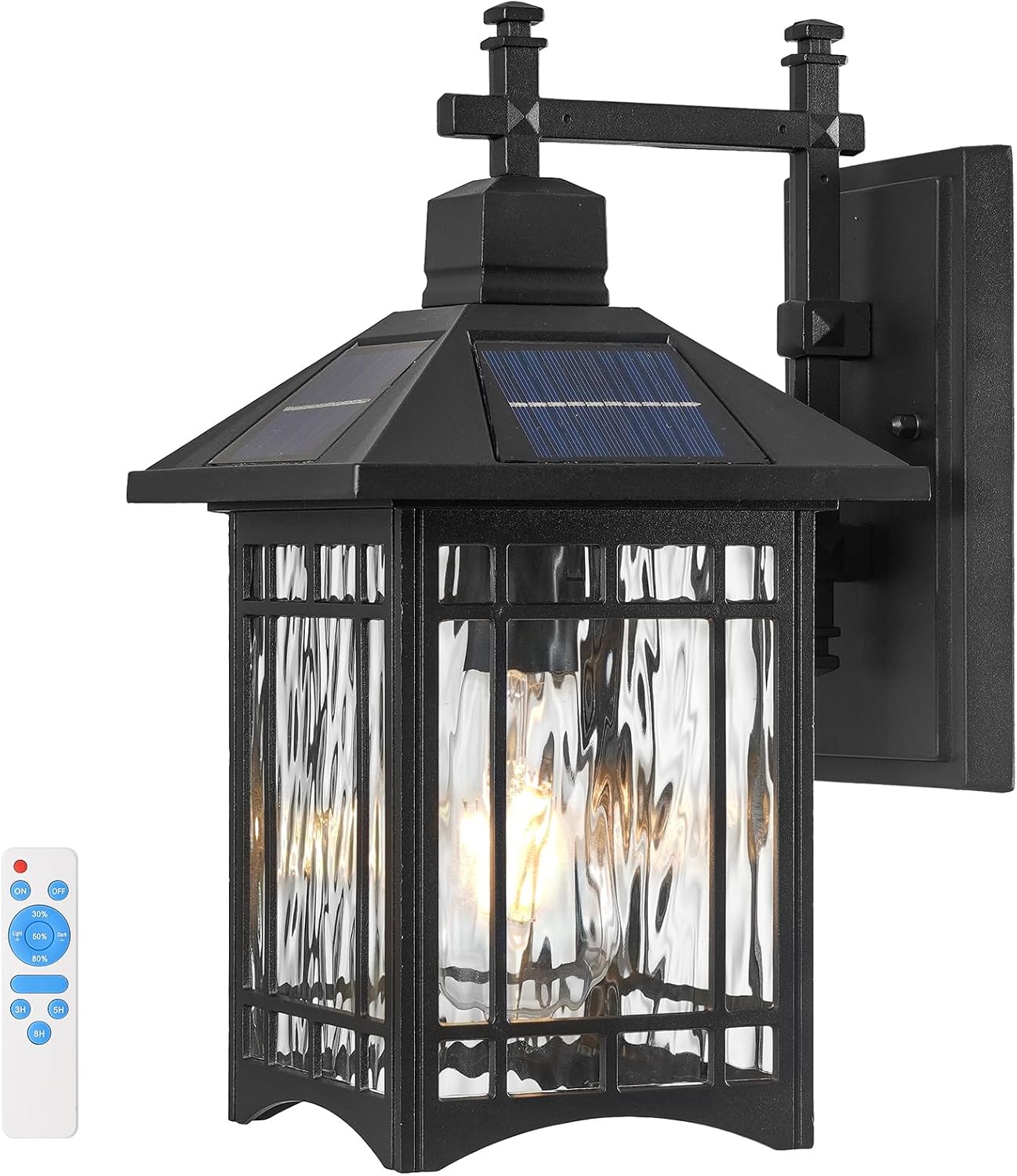 Solar Powered Sconce，Black Porch Light ，Dusk to Dawn Outdoor Solar Wall Lights，Waterproof Exterior Lights for Patio Yard House Hallway Doorway Garage，with Water Pattern Glass Shade