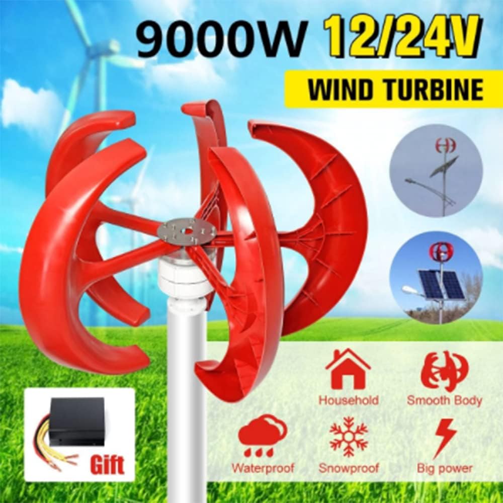 Red 9000W 5 Blades Vertical Axi Wind Turbines Generator Lantern 12V 24V Motor Kit Electromagnetic for Home Streetlight Use,24v
