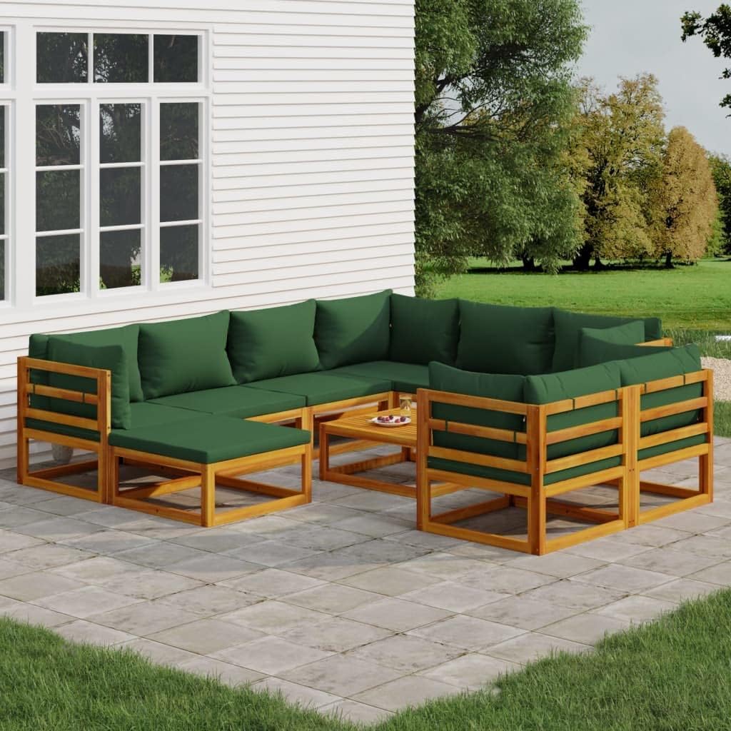 10 Piece Patio Lounge Set with Green Cushions Solid Wood,Acacia Wood Patio Lounge Set with Cushions, Comfortable Outdoor Sofa and Table Patio Furniture, Outdoor Furniture Sets