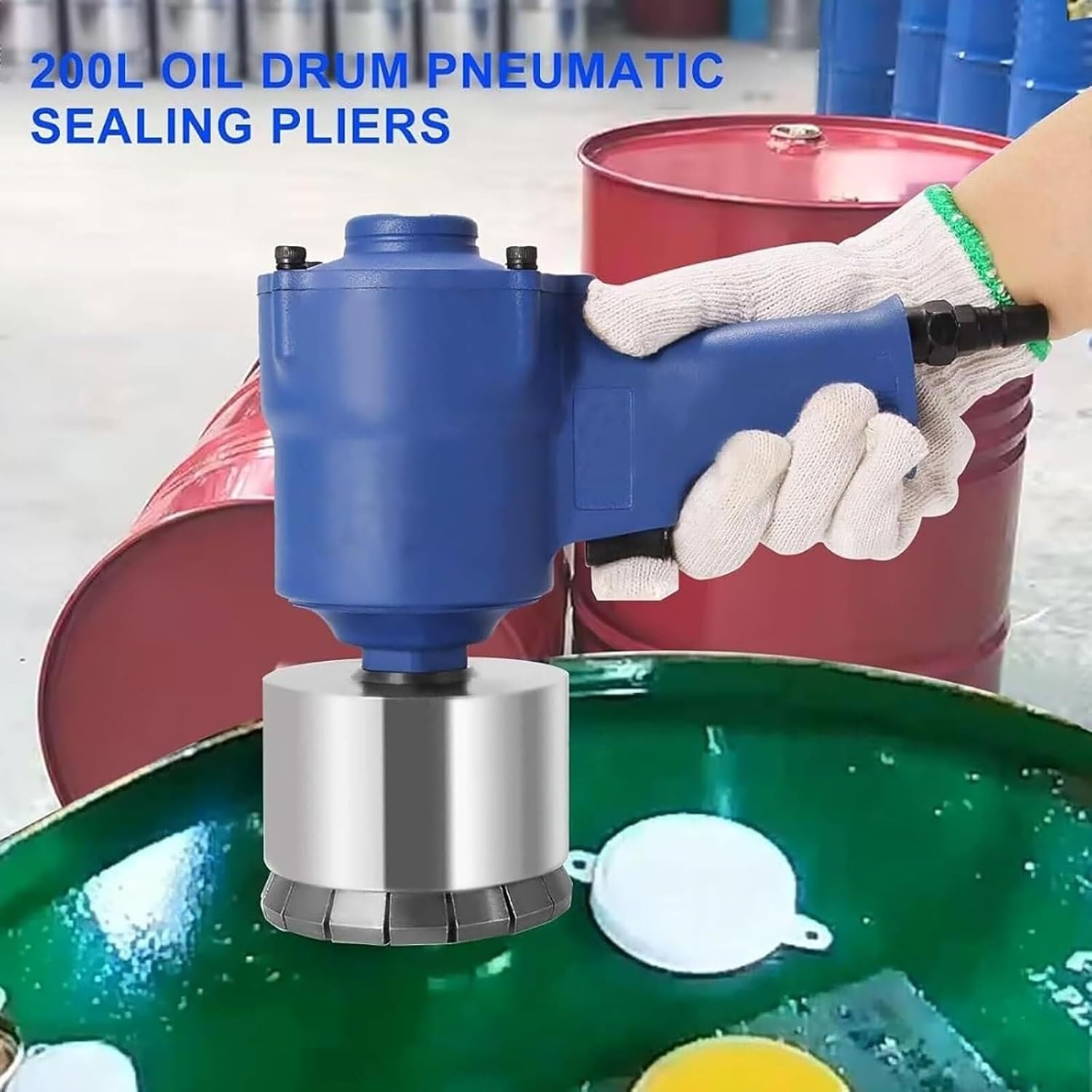 Pneumatic Oil Barrel Crimper,200L Drum Capping Machine,35mm+75mm Seal Iron Cover Crimping Tool,1/4 Air Intake, 1300Lbs Pulling Force, for Factory, Packaging, Paint