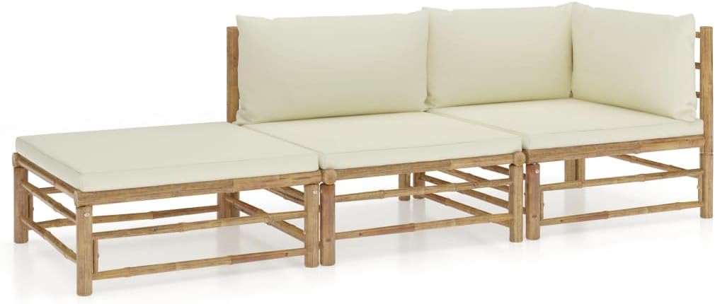 Furniture Sets 3 Piece Patio Lounge Set with Cream White Cushions Bamboo,Bamboo Patio Lounge Set with Cushions: Modular, WeatherResistant, and Comfortable Garden Conversation Sets