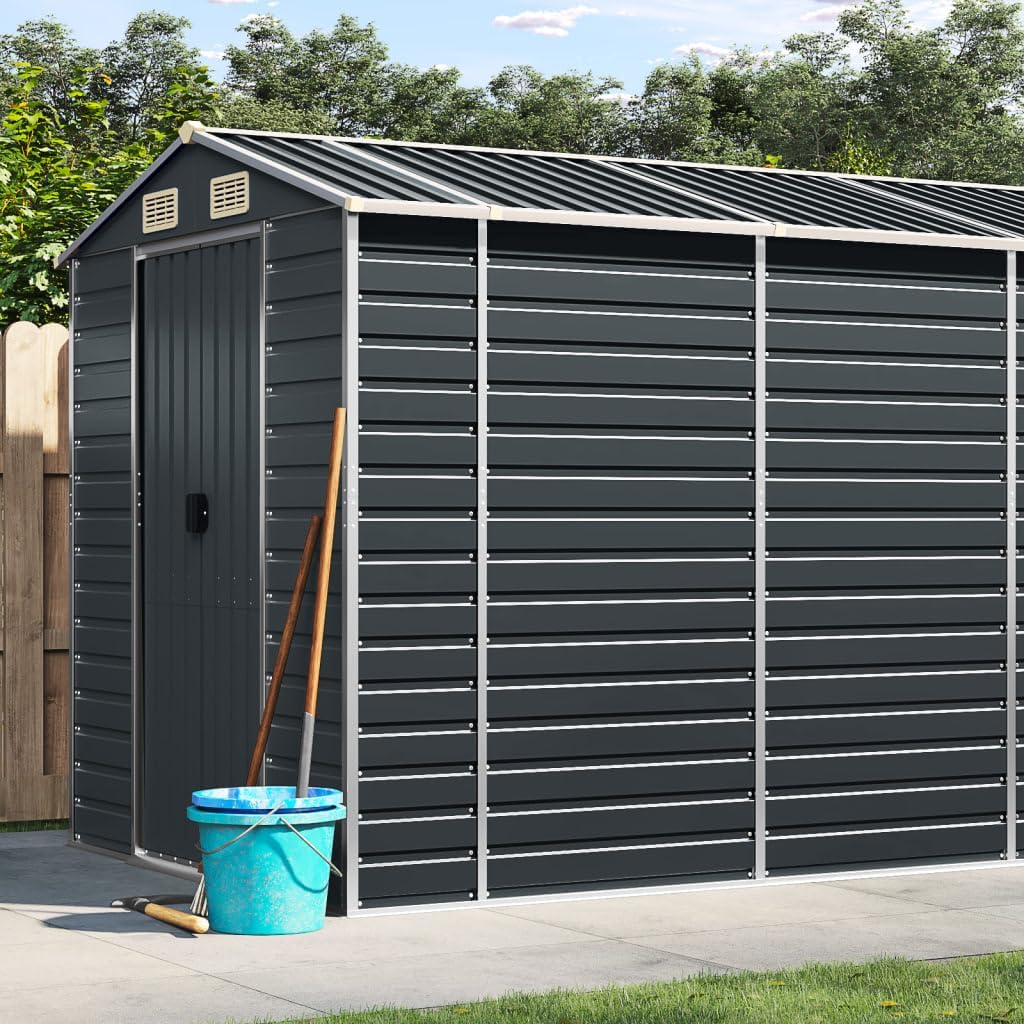 Large Garden Shed, Anthracite Galvanized Steel Outdoor Storage for Backyard & Patio, Powder-Coated Metal Tool Storage, 185