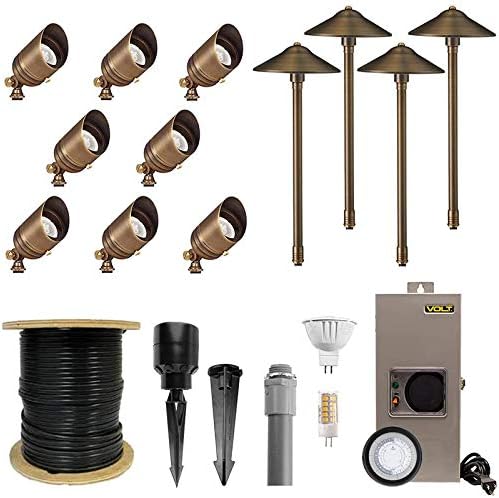 VOLT 12V Brass Bronze LED Landscape Lighting Kit (8 Spotlights, 4 Path Lights) with 150W Low Voltage Transformer for House, Yard, Outdoor Pathway, Walkway, Garden, Driveway or Patio