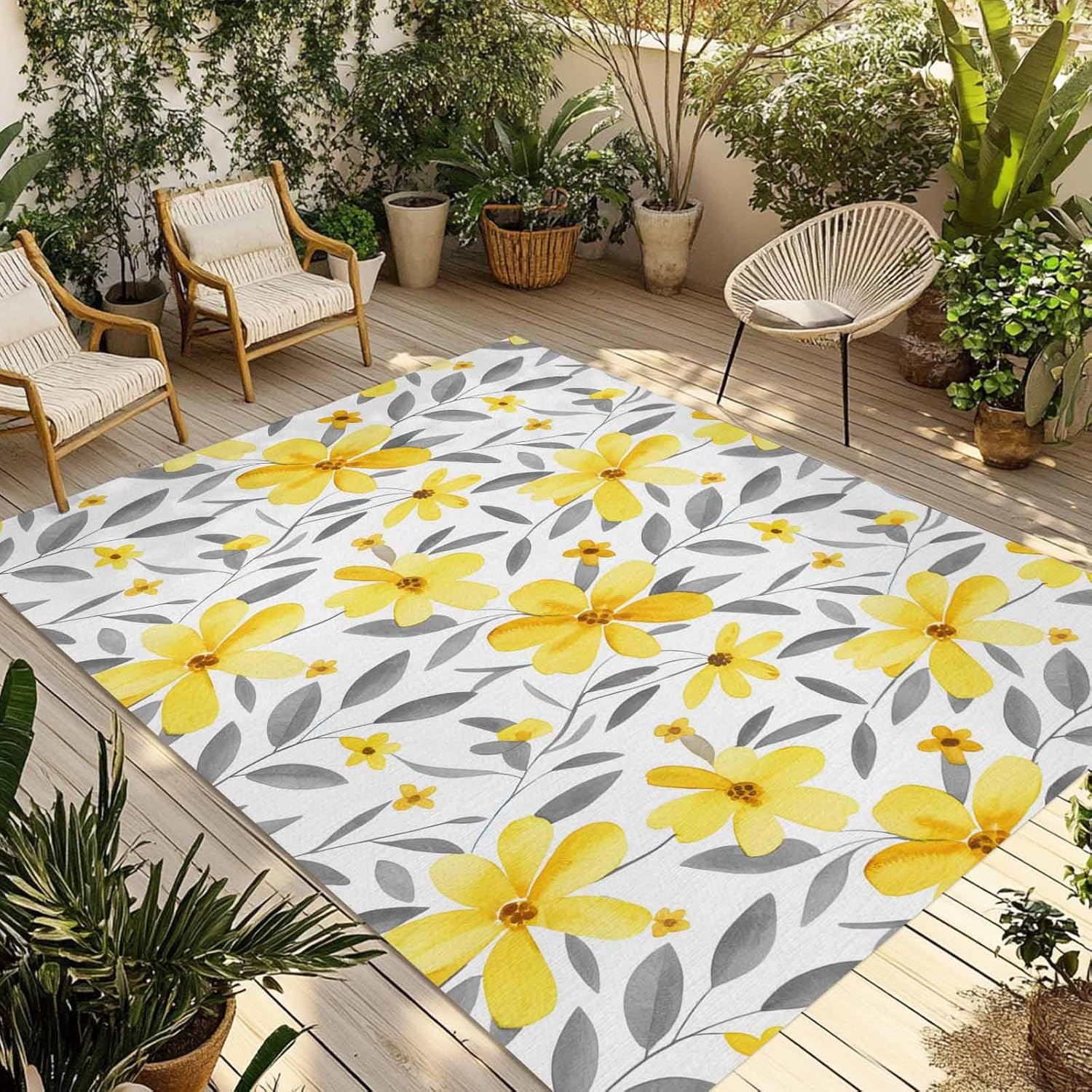 Outdoor Rug Floral Patio Rug 5' x 8'. Rustic Yellow Flower Grey Leaves Spring Indoor Outdoor Area Rugs, Washable Large Floor Rug Mats for Patio, Deck, Backyard