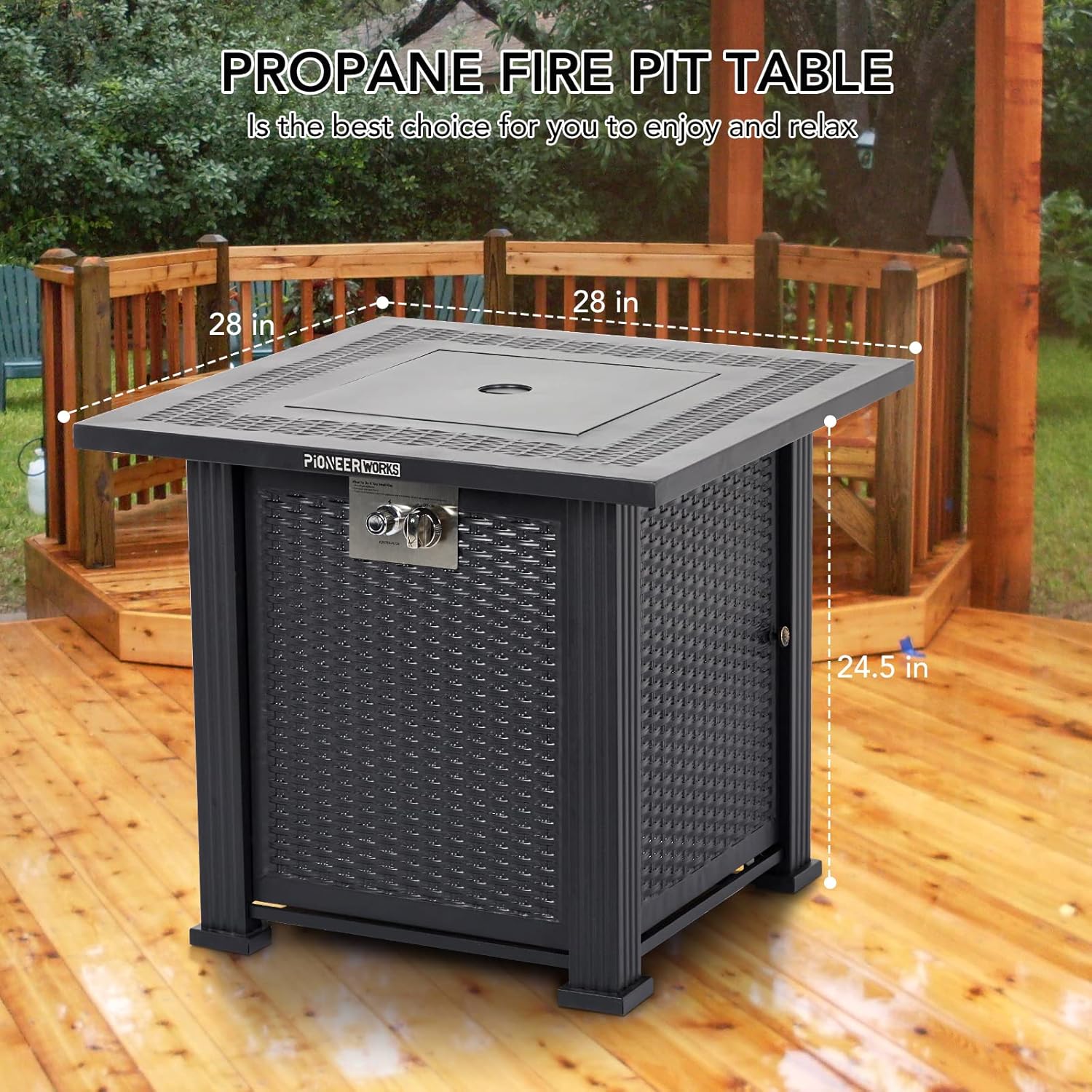 28 Inch Propane Fire Pit Table, 50000BTU Rectangle Fire Table with Cover & Rain Cover, Sturdy Steel and Iron Fence Surface, CSA Safety Certified, Companion for Your Garden