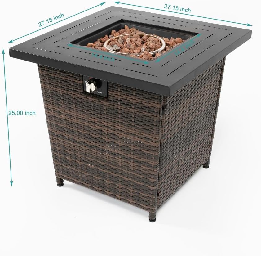 28” Propane Gas Fire Pit Table with 50,000 BTU Heat, Durable Square Steel Top and Stylish Wicker Base – Perfect for Outdoor Patio, Deck, Garden, Backyard