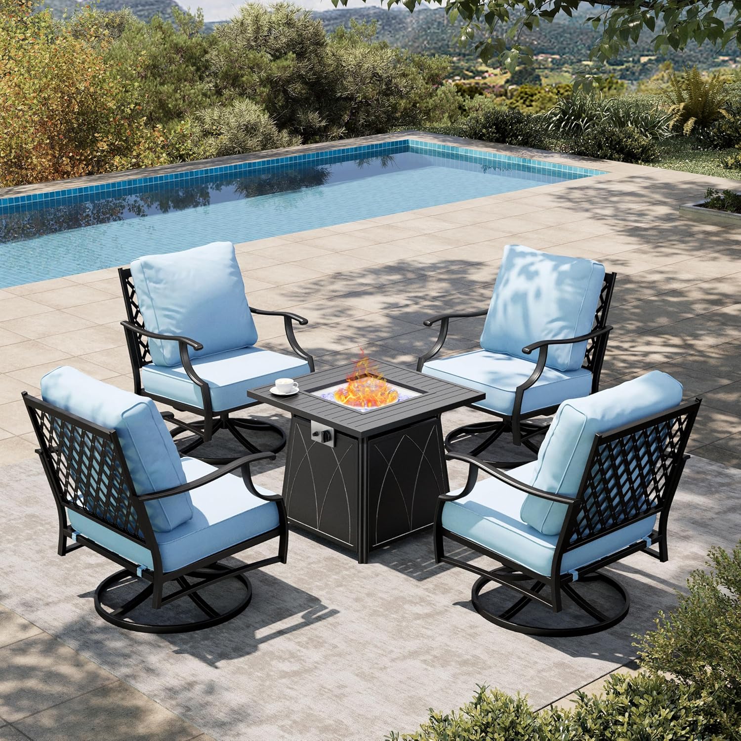 HERA'S HOUSE 5 Pieces Fire Pit Patio Furniture Set, 4 x Thick Cushioned Swivel Chairs with 28