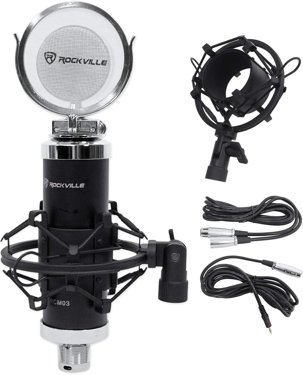 Rockville Bundle: RockMix 2BT Mixer Bundle with (2) RCM03 Mics & (2) PRO-M50 Headphones and RHPA4 Amp and TS1224 Cable & (2) R-BOOM 34 Boom Arms (9 Items)