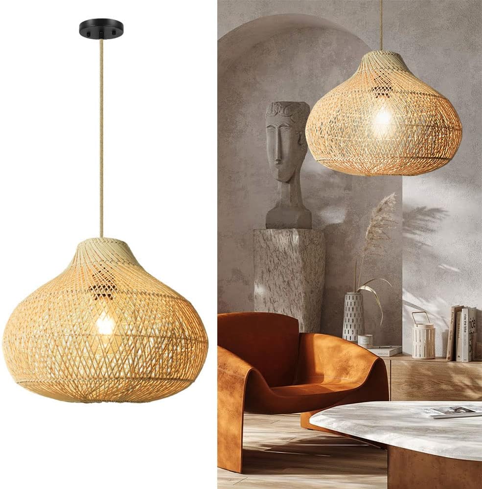 Japanese Style Hand-Woven Bamboo Pendant Lighting Fixture Rattan Hanging Lamp Natural Chandeliers Cylindrical Shape Wicker Lantern Light 1 Light for Kitchen Farmhouse Courtyard