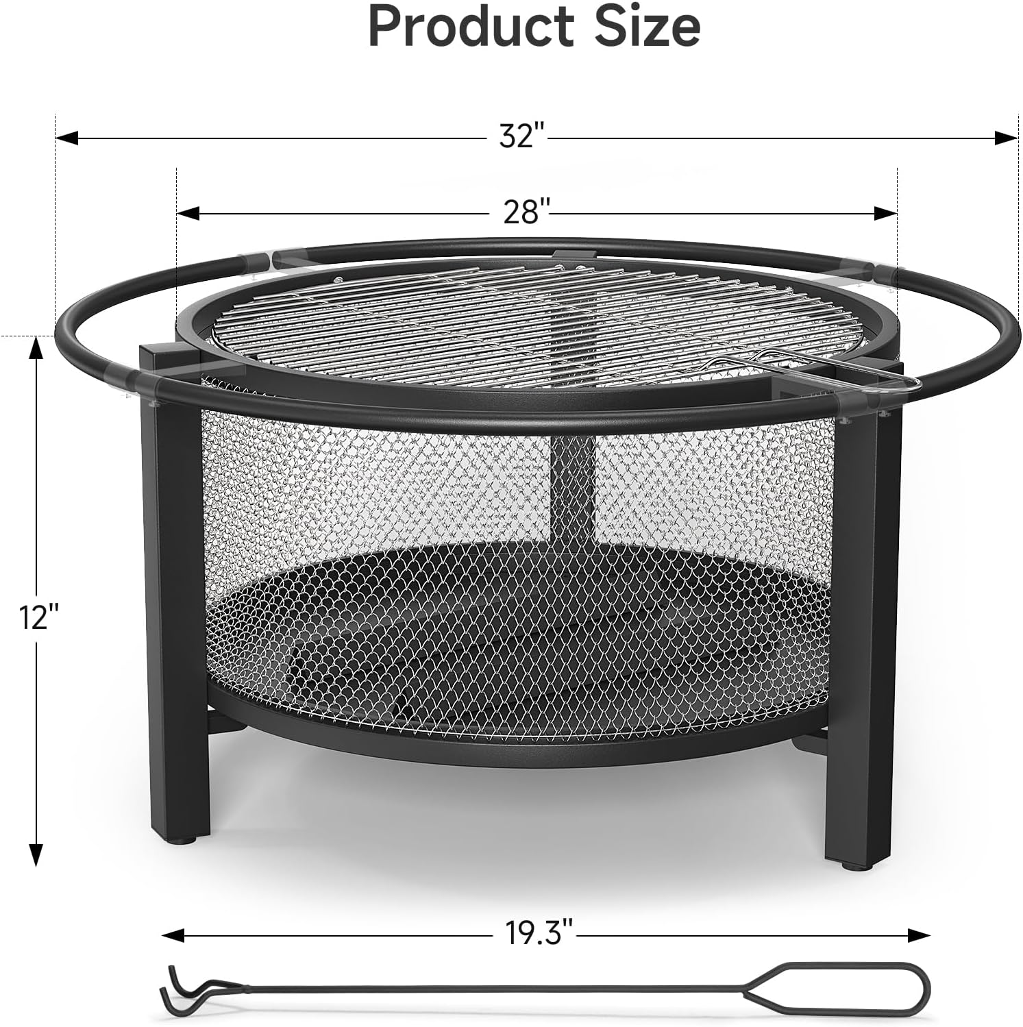 ONBRILL 2-in-1 32 Inch Fire Pit with Cooking Grill, Outdoor Wood Burning Firepit with Poker for BBQ, Bonfire, Picnic, Party, Round Metal Fire Pit for Outside, Backyard, Patio