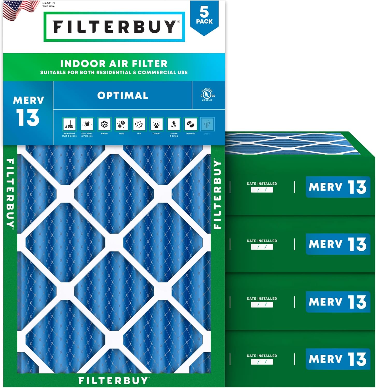 Filterbuy 16x36x4 Air Filter MERV 13 Optimal Smoke & Allergy Defense (5-Pack), Electrostatic Pleated HVAC AC Furnace Filters Replacement, Made in USA (Actual Size: 15.50 x 35.50 x 3.63)