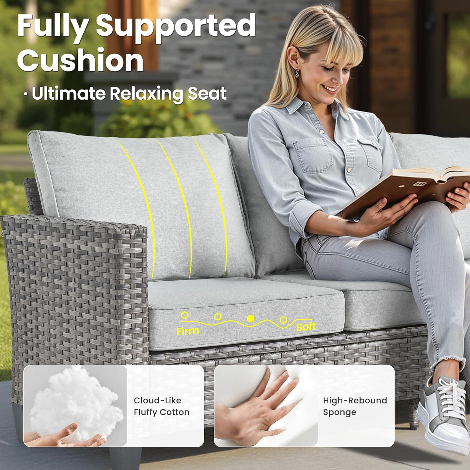 ovios 9 Pieces Patio Furniture Set with Square Fire Pit Table, Outdoor Swivel Rocking Chairs, High Back Wicker Rattan Conversation Set for Deck Porch, Grey