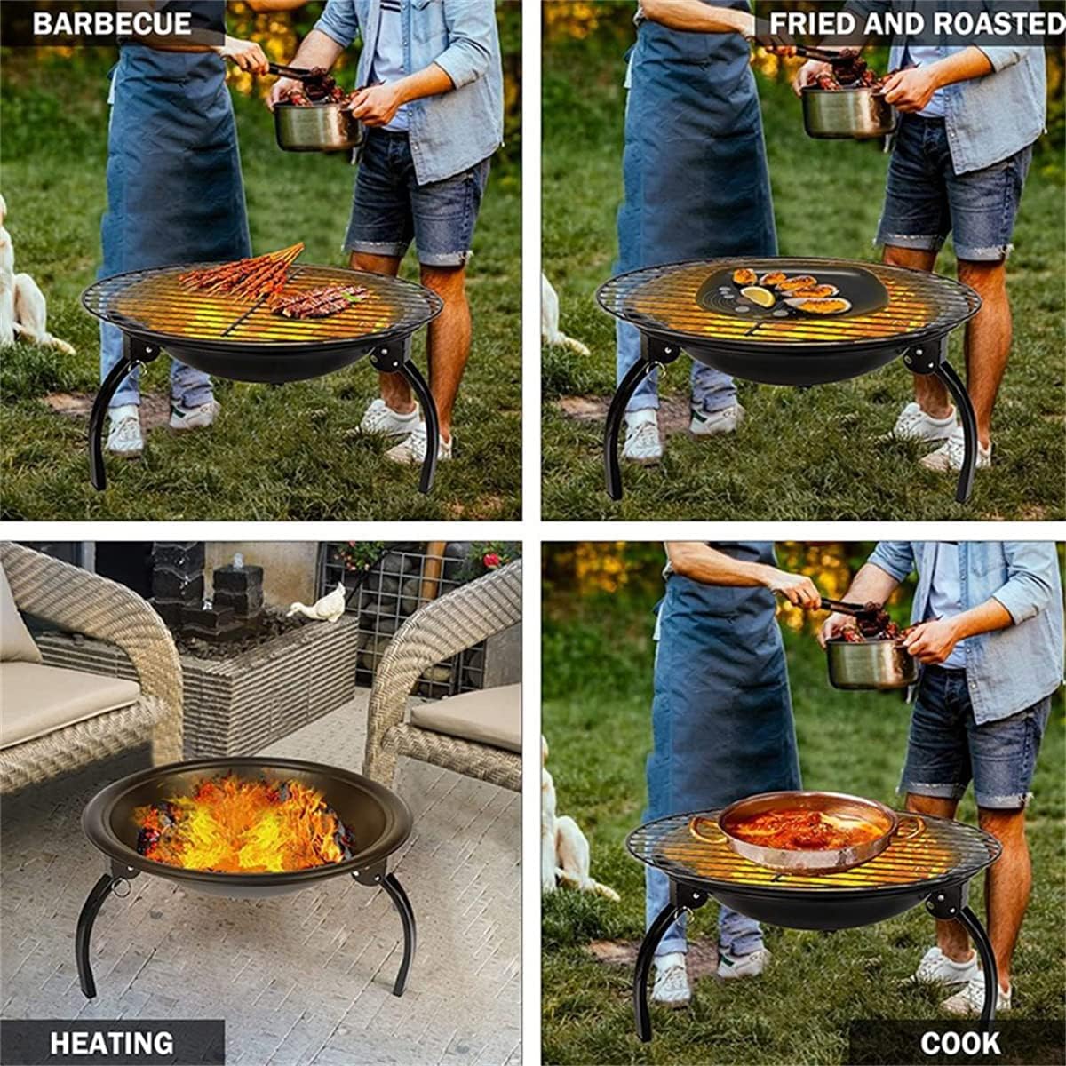 Fire Pit Fire Pit, 21'' Outdoor Patio Steel Fire Pit Wood Burning BBQ Grill Firepit Bowl with Round Mesh Spark Screen Cover Fire Poker