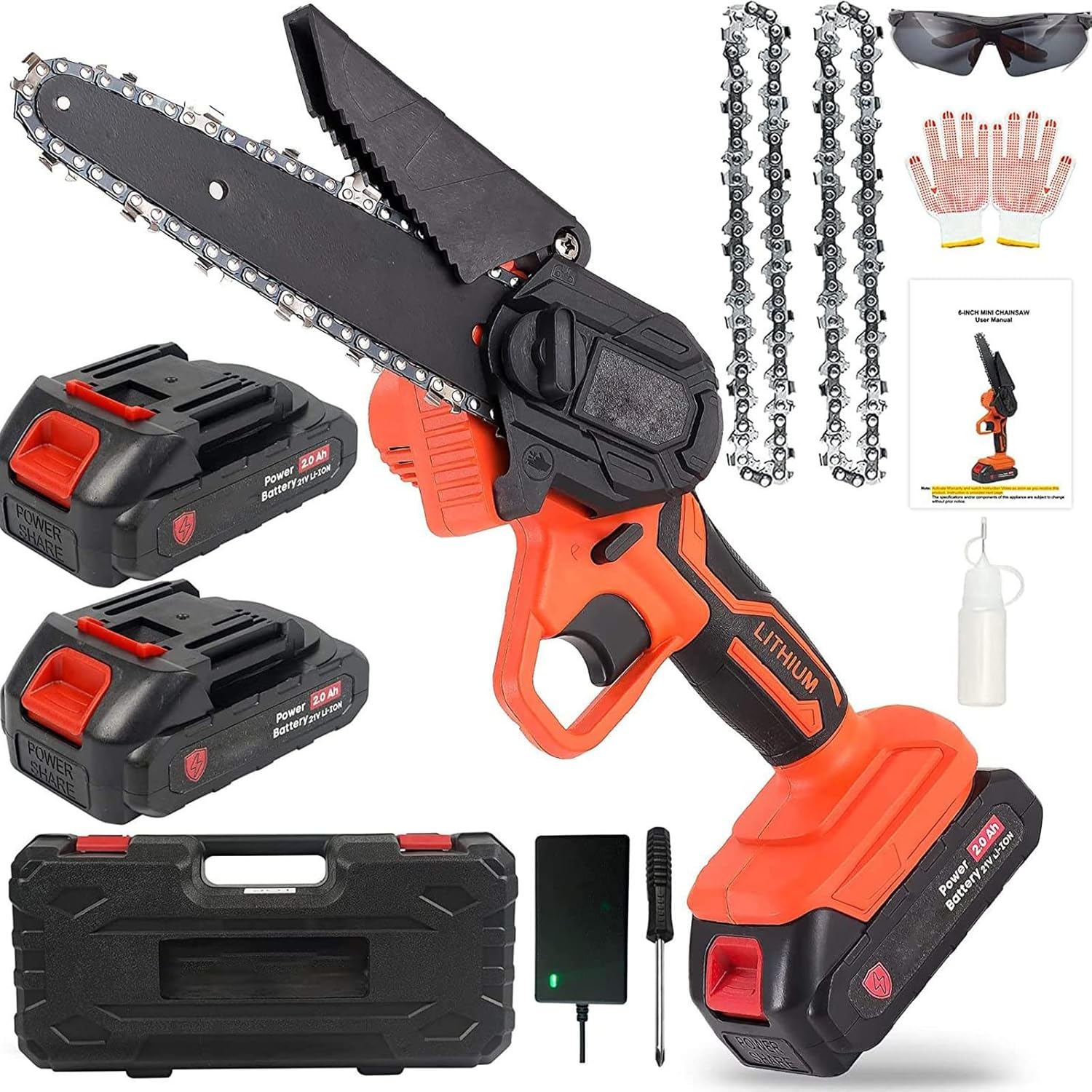 Mini Chainsaw 6 Inch Cordless, Handheld Mini Chain Saw Super Lightweight and Powerful for Garden and Farm(2 Batteries, 2 Chains Included and Goggles)