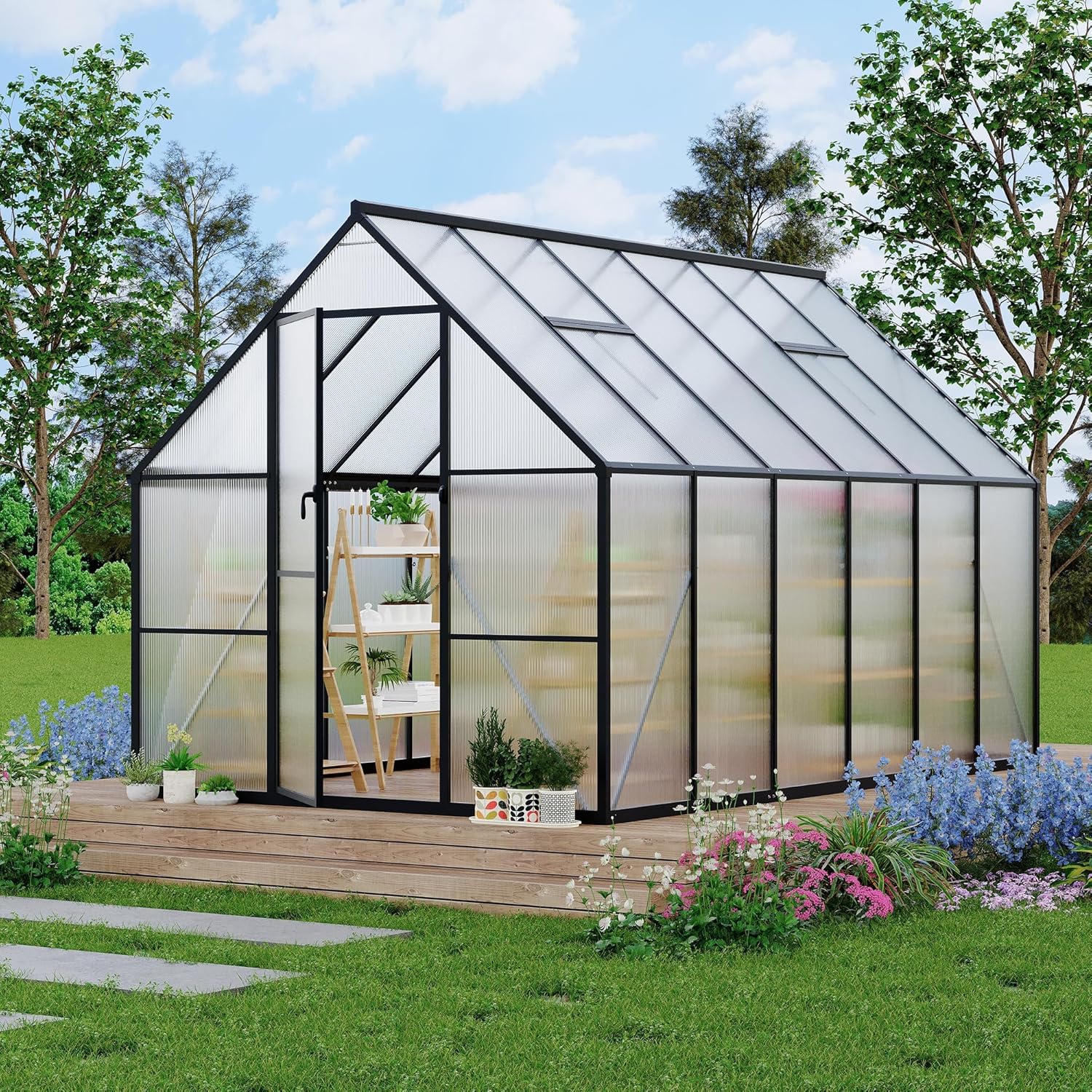 CABIHOME 8x14FT Heavy-Duty Greenhouse Kit, Aluminum Frame with Polycarbonate Panels, Quick Setup Structure & Roof Vent, Large Enhanced Outdoor Garden House, Black