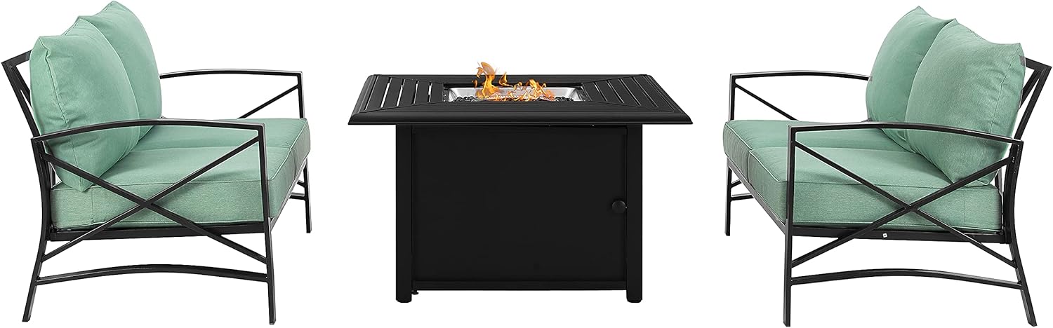 Crosley Furniture Kaplan 3-Piece Outdoor Loveseat Patio Furniture Set with Propane Gas Fire Pit Table, Oiled Bronze with Mist Cushions