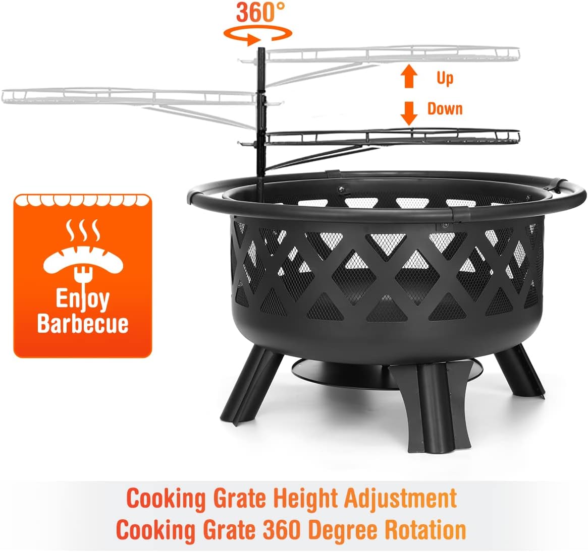 2 in 1 Fire Pit with Cooking Grate 30'' Wood Burning Firepit Outdoor Fire Pits Steel Firepit Bowl Outside with Swivel BBQ Grill, Spark Screen, Poker for Backyard Garden Bonfire Patio