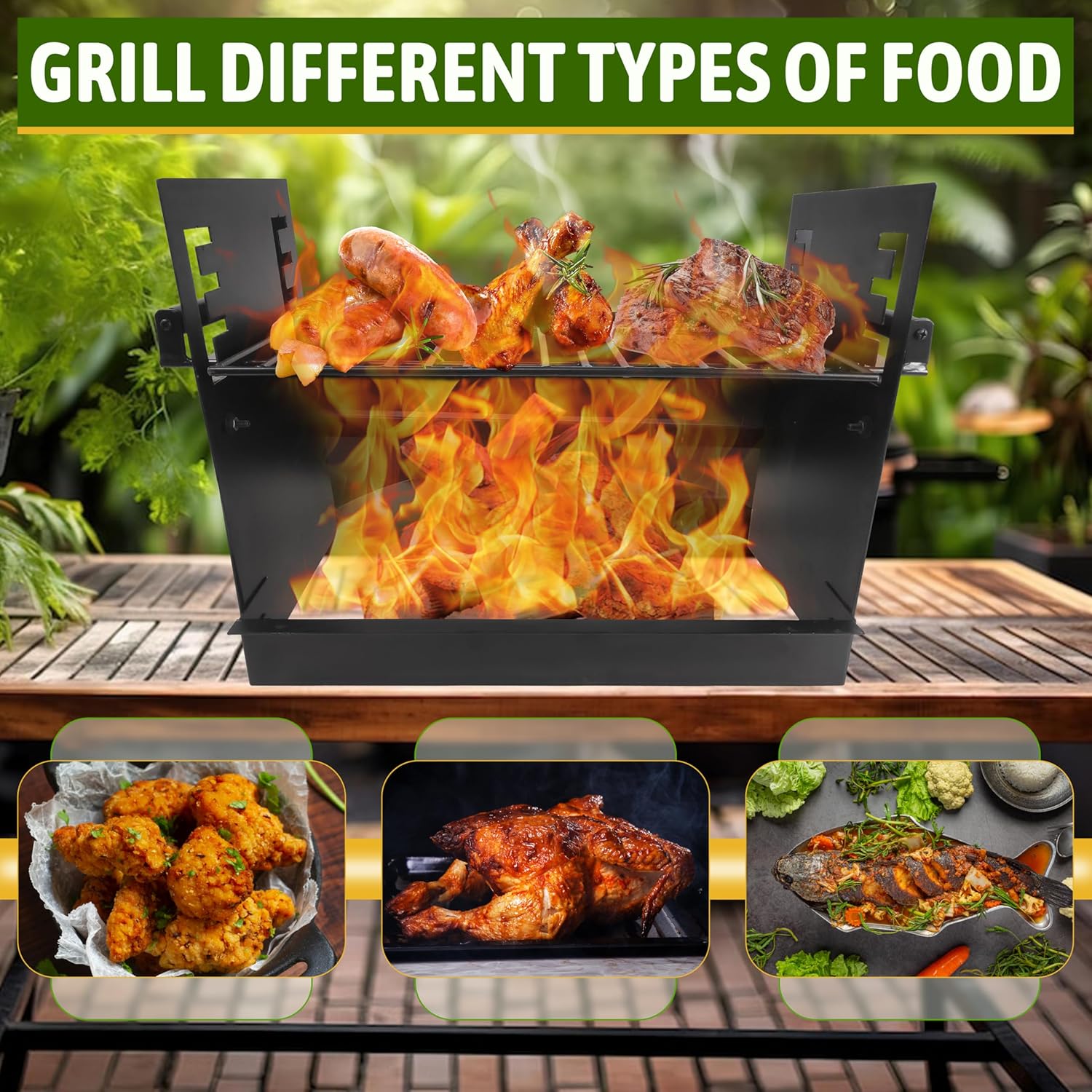 FEBTECH - Outdoor Fire Pit Insert Ring Liner with Adjustable Cooking Grill Grate - Heavy Duty Wood Burning Fire Pit with Cooking Grate for Outdoor Cooking Fireplace, Bonfire or Campfire Black