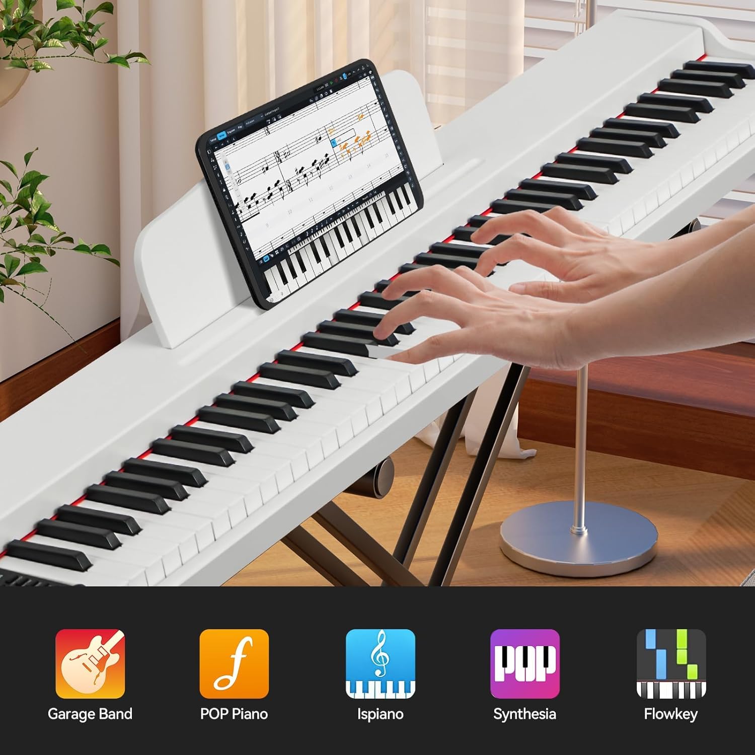 ZHRUNS 88 Key Weighted Keyboard Piano with X-Shape Stand, Sustain Pedal, Power Adapter & Sheet Music Stand - Home Digital Piano, White
