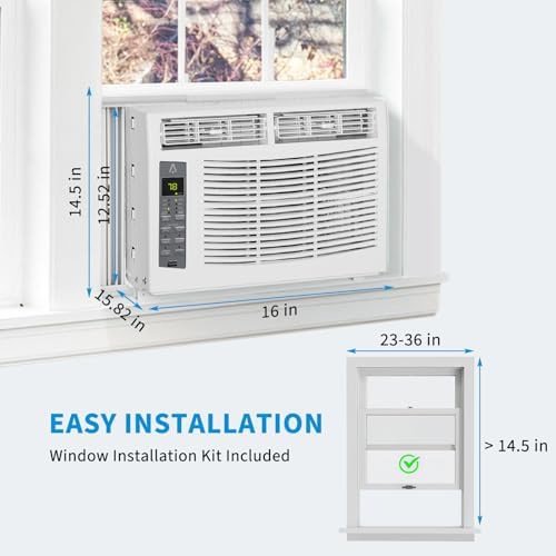 5000 BTU Window AC Unit with Remote - Cools Rooms 150 Sq.Ft, Low-Noise & Energy Saver for Bedroom, Office, Dorm (Quick-Install Kit)​
