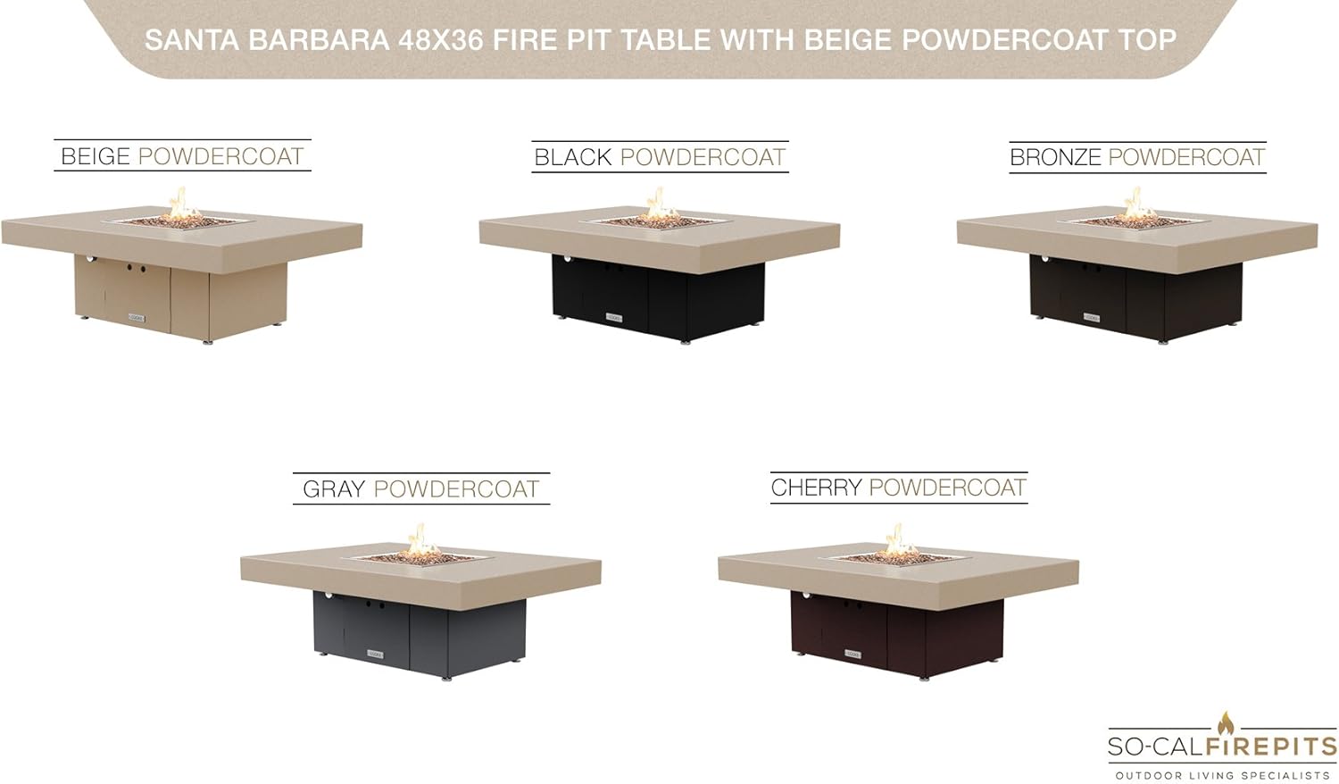 COOKE Santa Barbara 48 x 36 Rectangular Fire Pit Table - Beige Powdercoat Aluminum Top - Natural Gas (Grey Powdercoat Base)